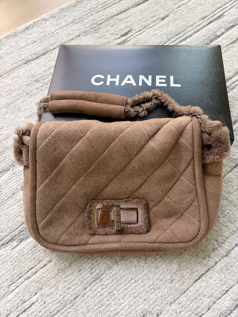 Chanel Vintage Mademoiselle Suede Shearling Flap Bag Brown + Original Box